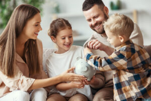 Happy family saving money on winter propane costs