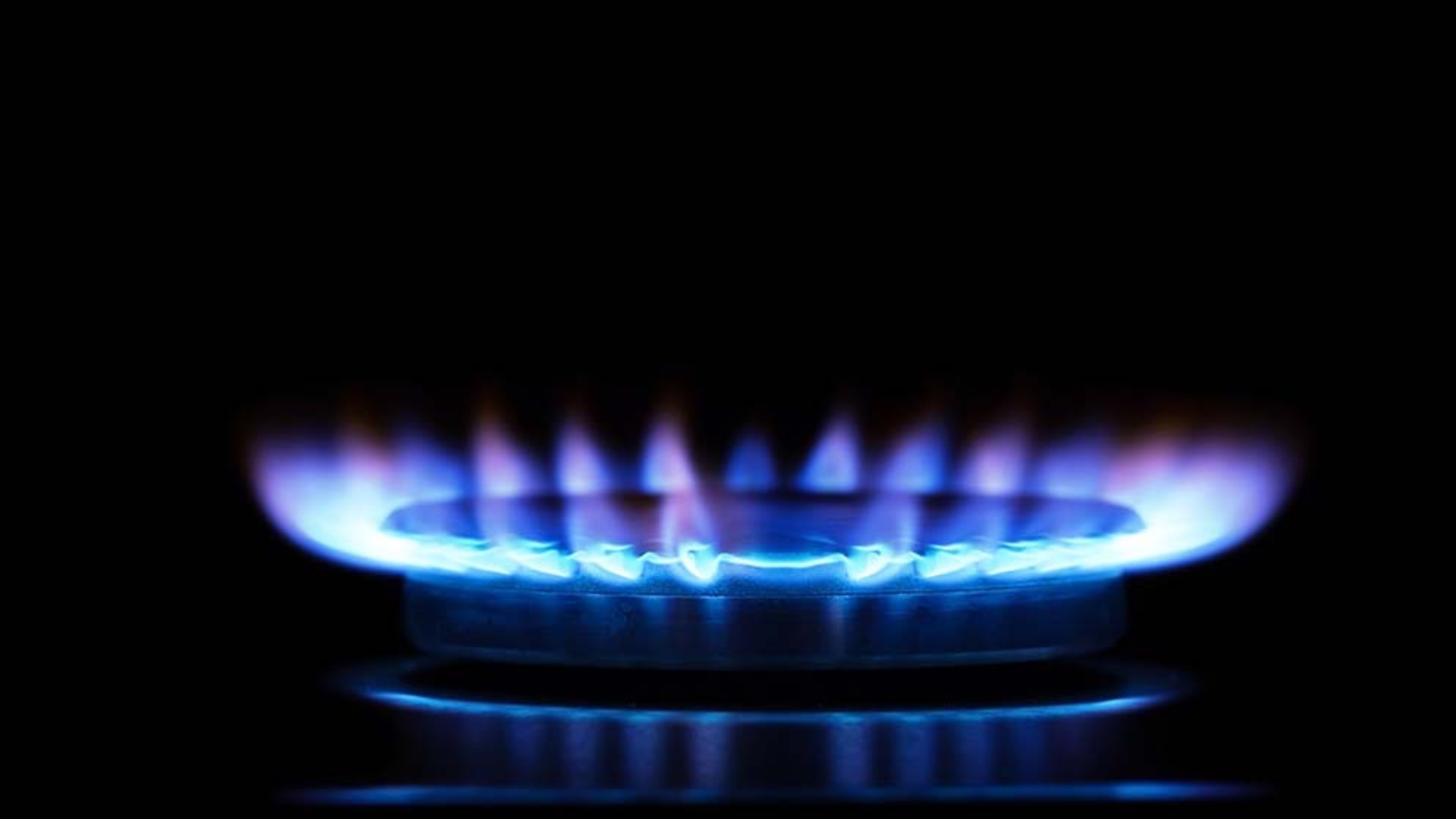 gas stove burner with blue fame and black background
