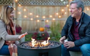 A man and a woman are sitting by an outdoor fire pit, smiling.