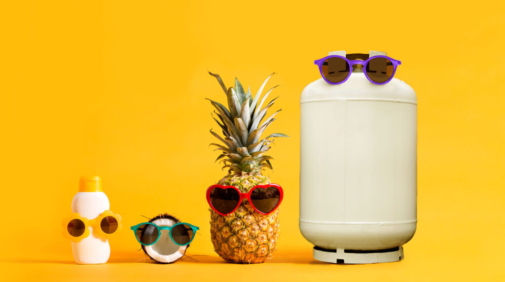 Line up of sunscreen, a coconut, a pineapple, and a propane cylinder all wearing sunglasses.