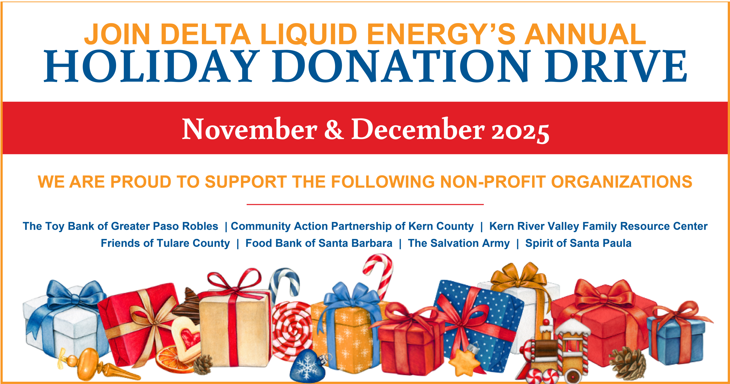 Delta Liquid Energy's Annual Holiday Donation Drive for Paso Robles, Bakersfield, Lake Isabella, Farmersville, Santa Maria, Tehachapi, Lancaster, Santa Paula