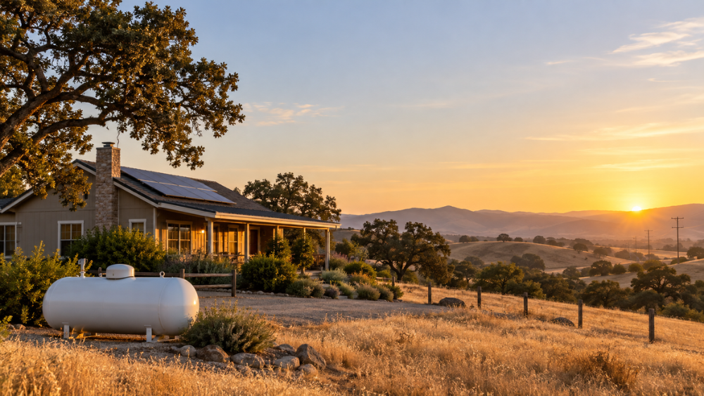 Home with solar panels on roof and propane tank outside for energy choice