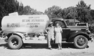 Lou and Iva in front of original San Luis Butane Distributors bobtail, which later turned to Delta Liquid Energy.